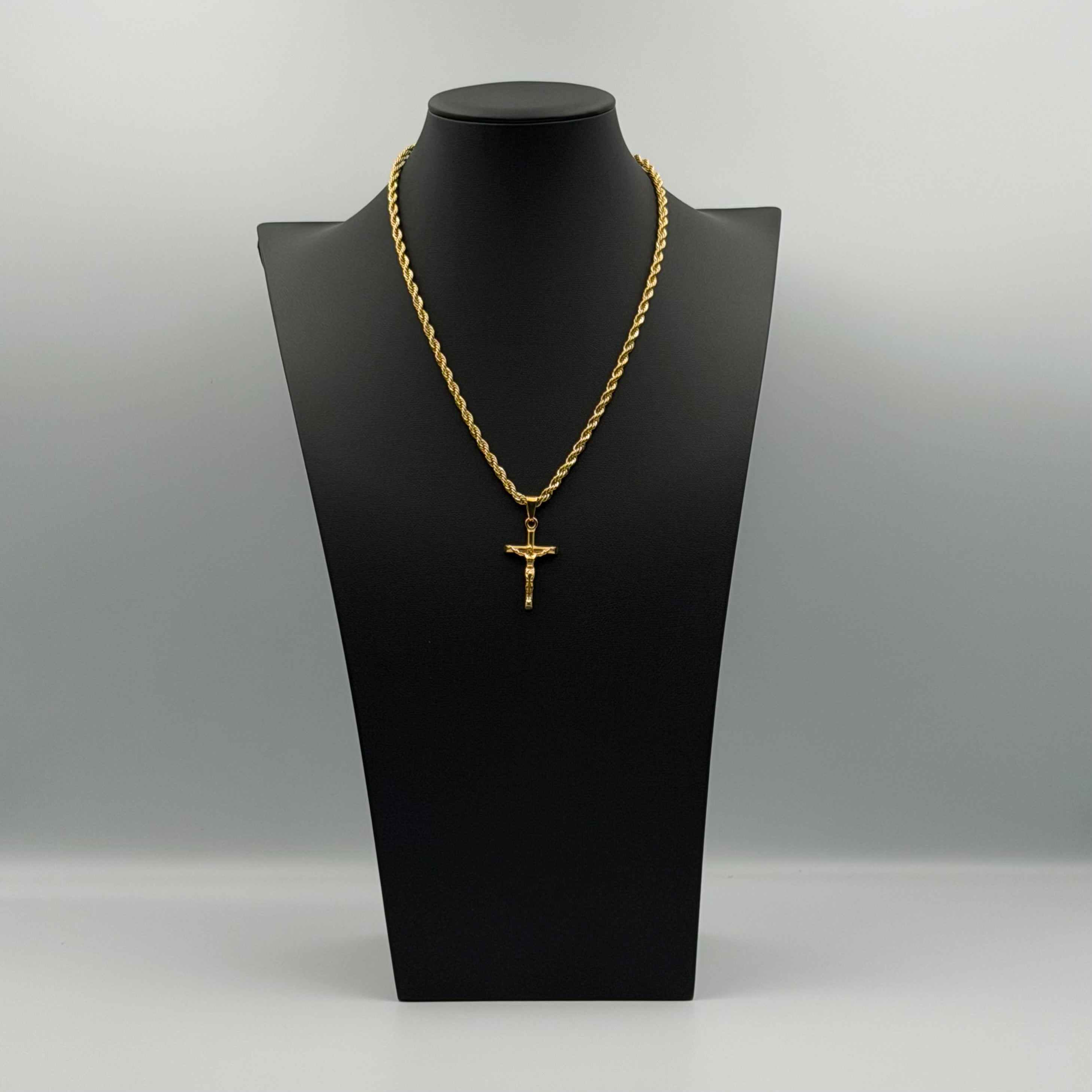 18K Gold Plated Rope Chain Necklace with Crucifix Pendant, 4mm 20 Inch, 316L Stainless Steel